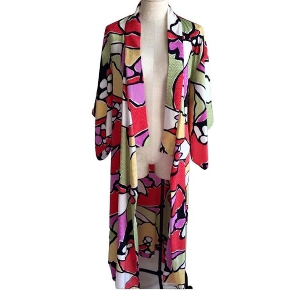 Natori- Vintage 90s Kimono Robe Duster Wrap Dress Pop Art, Size Medium - Picture 4 of 11